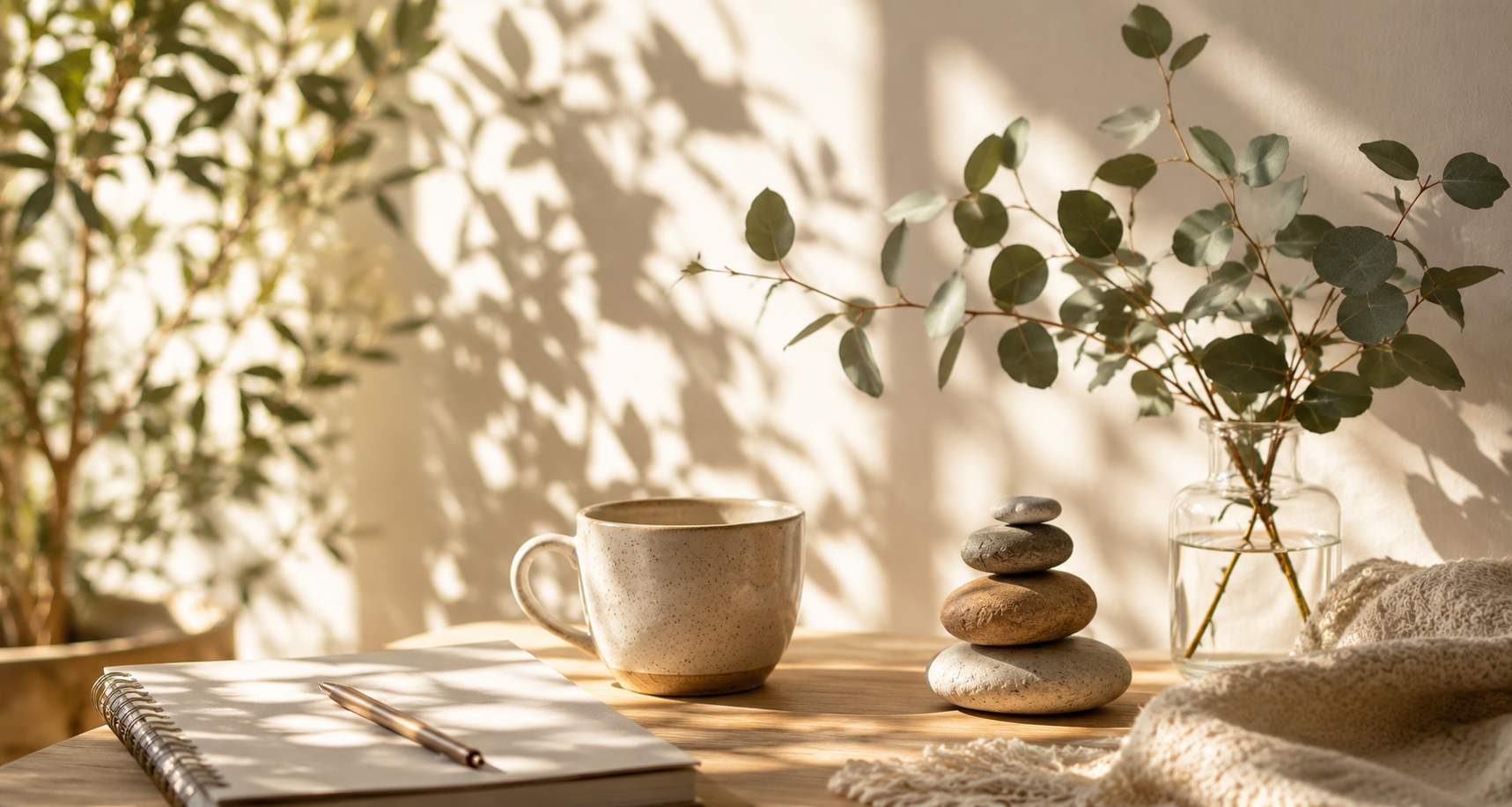 A peaceful sunlit space with eucalyptus, a warm cup, journal, and balancing stones